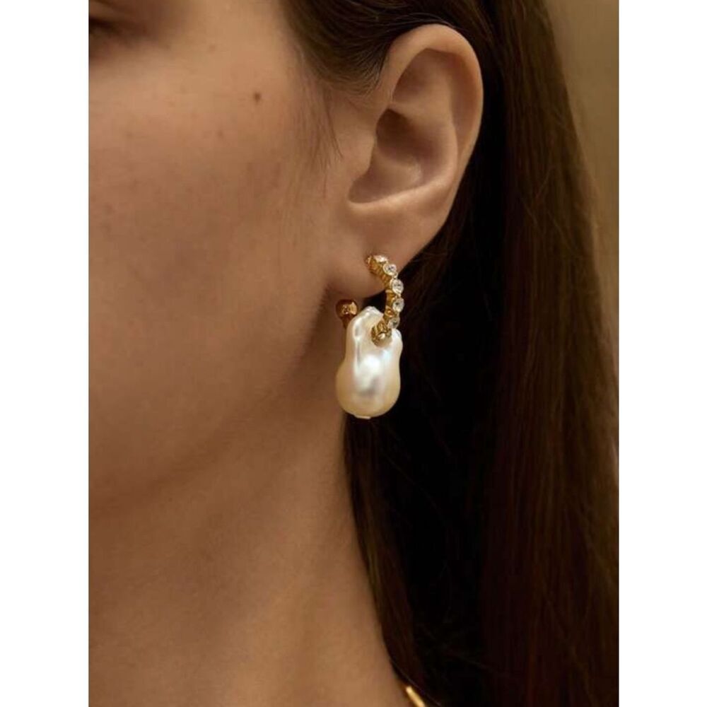 Gold Pearl Drop Hoop Earrings - White Pearl R 550